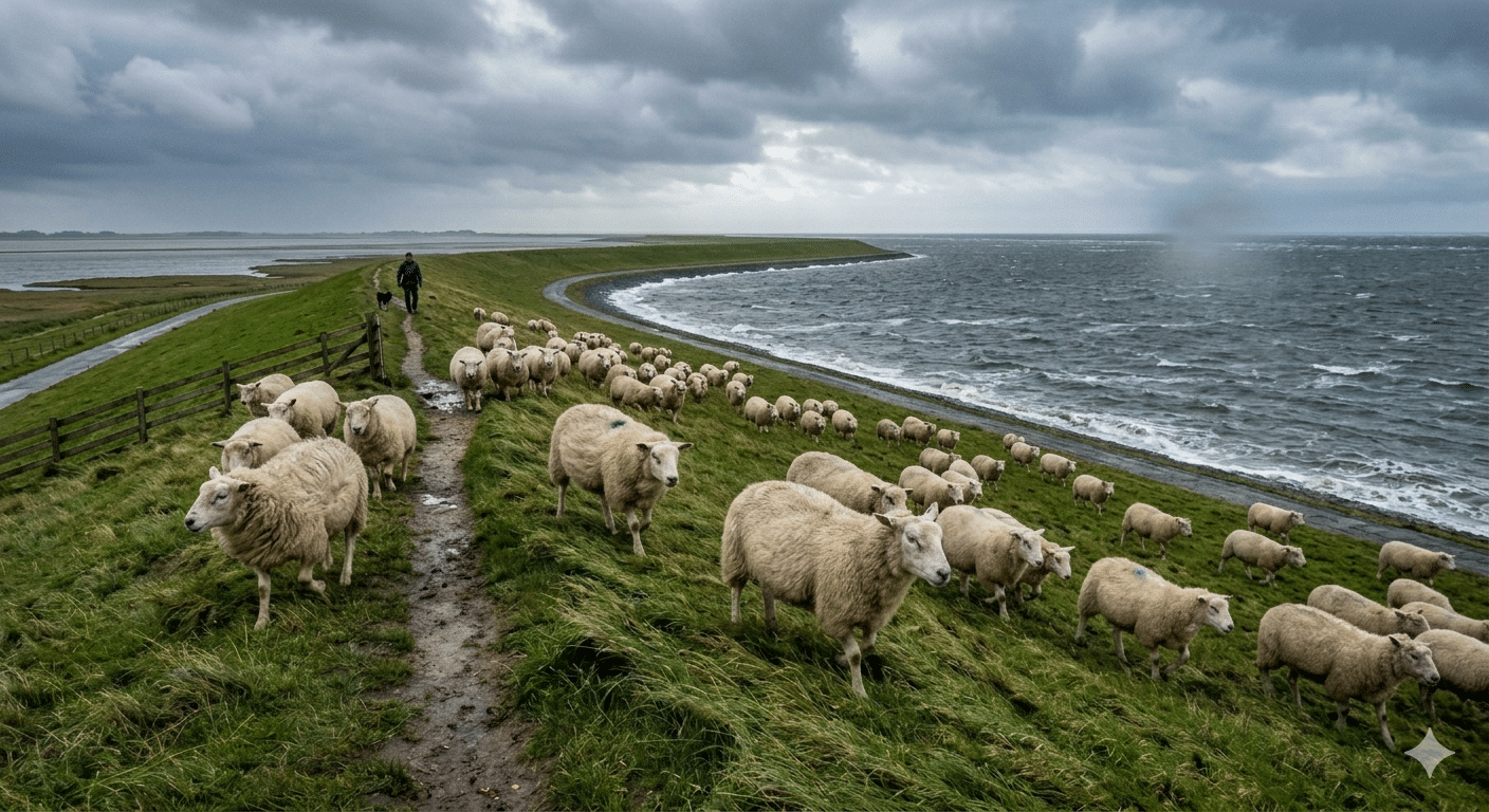 Schafe auf einer Wiese im Wind
